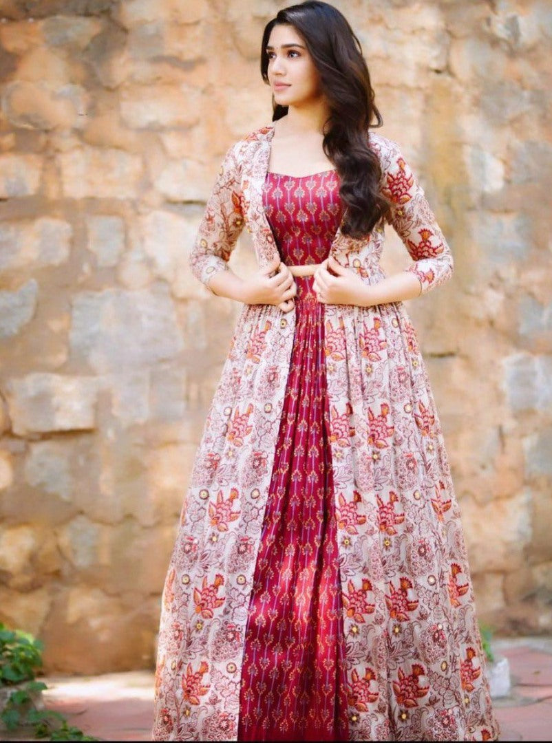 Red butter silk digital printed work lehenga choli with shrug