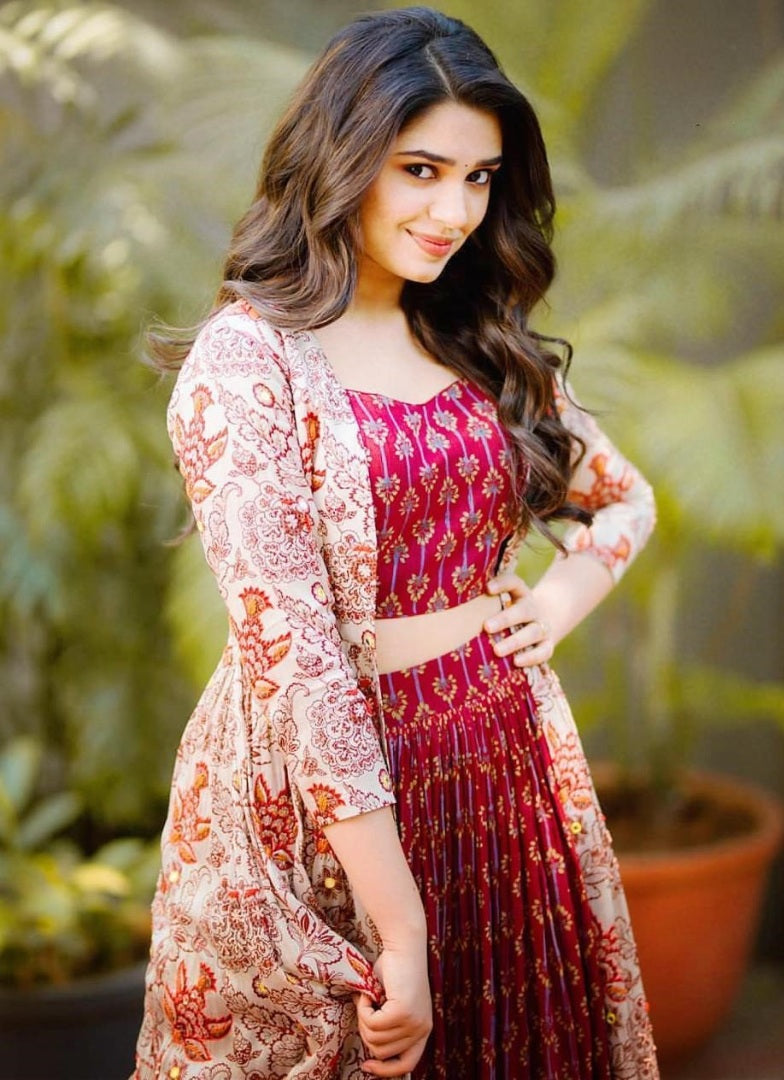 Red butter silk digital printed work lehenga choli with shrug