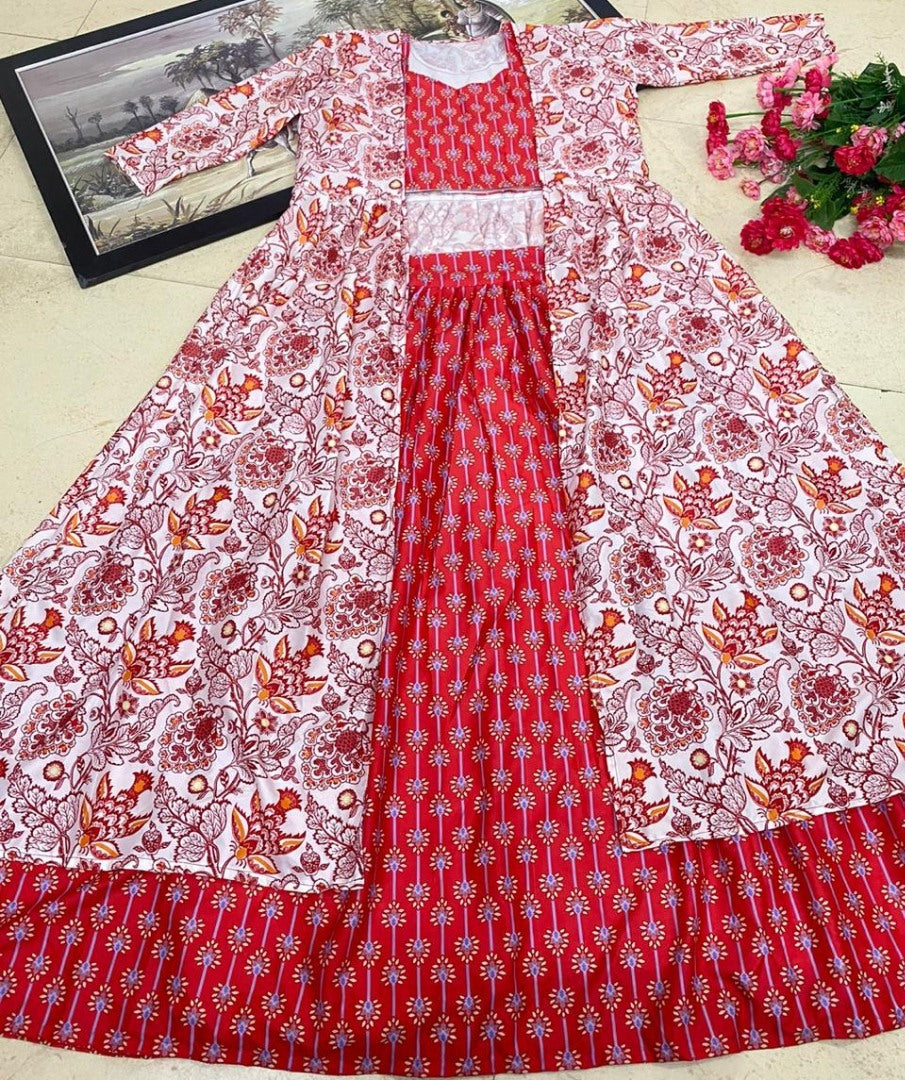 Red butter silk digital printed work lehenga choli with shrug