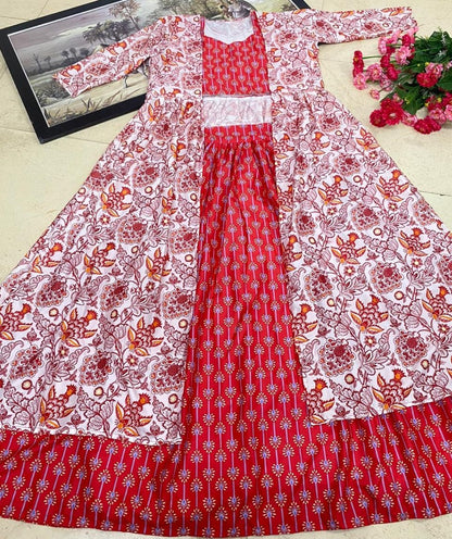 Red butter silk digital printed work lehenga choli with shrug