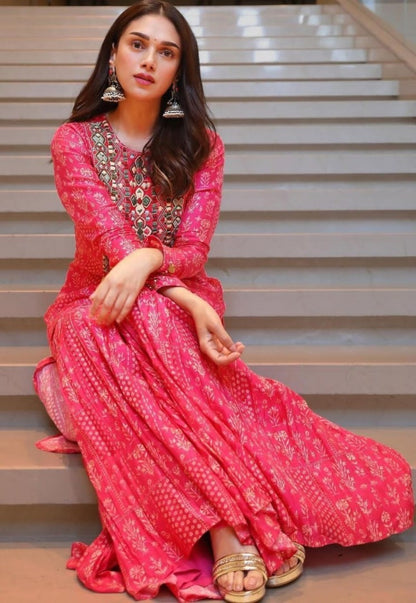 Red butter silk embroidered and printed sharara suit
