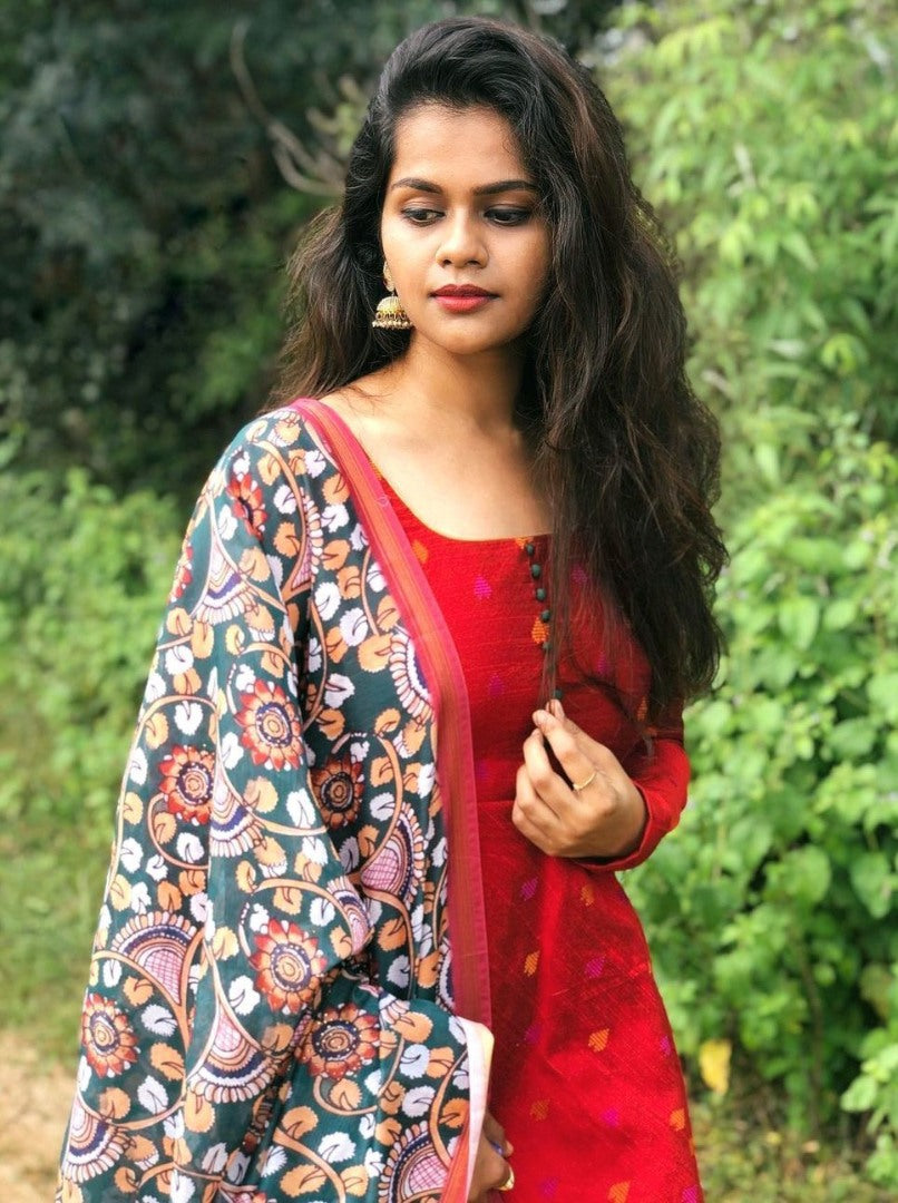 Red butter silk gown with printed dupatta