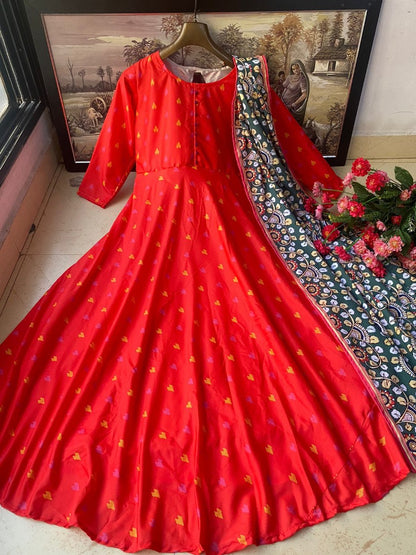 Red butter silk gown with printed dupatta