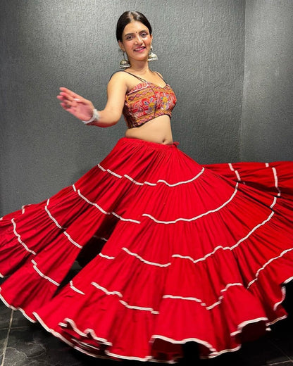 Red butter silk heavy flair crop top lehenga for navratri