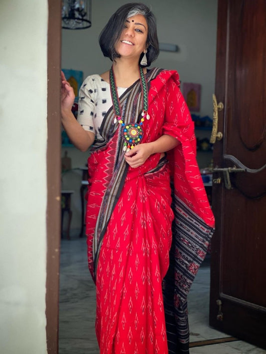 Red chanderi cotton printed saree