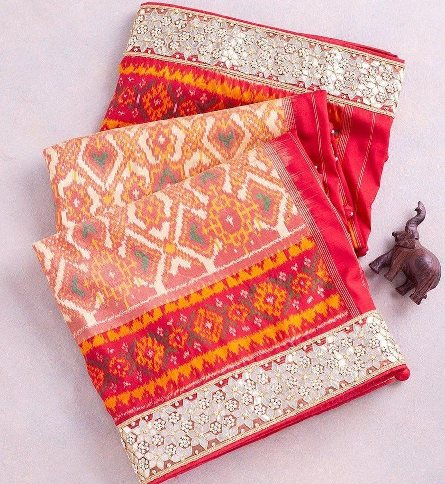 Red chanderi print and sequence foli paper work saree