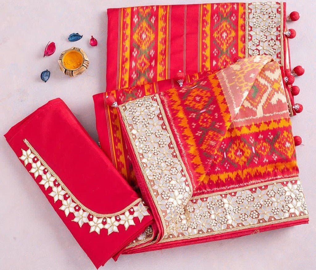 Red chanderi print and sequence foli paper work saree