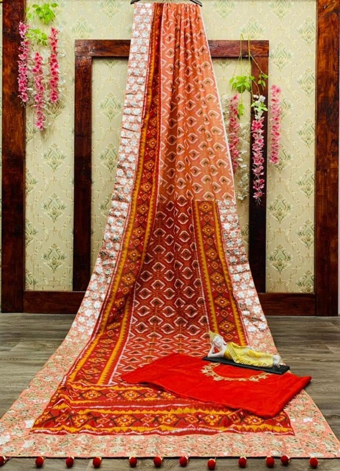 Red chanderi print and sequence foli paper work saree