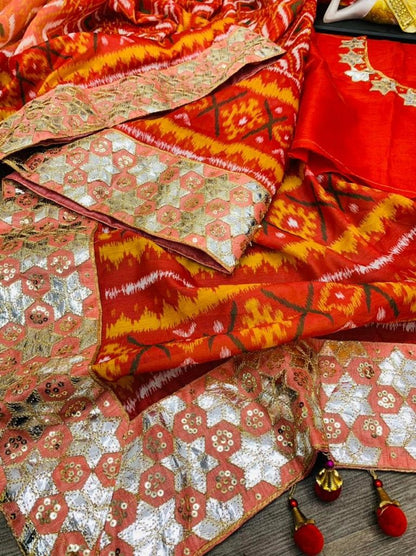 Red chanderi print and sequence foli paper work saree