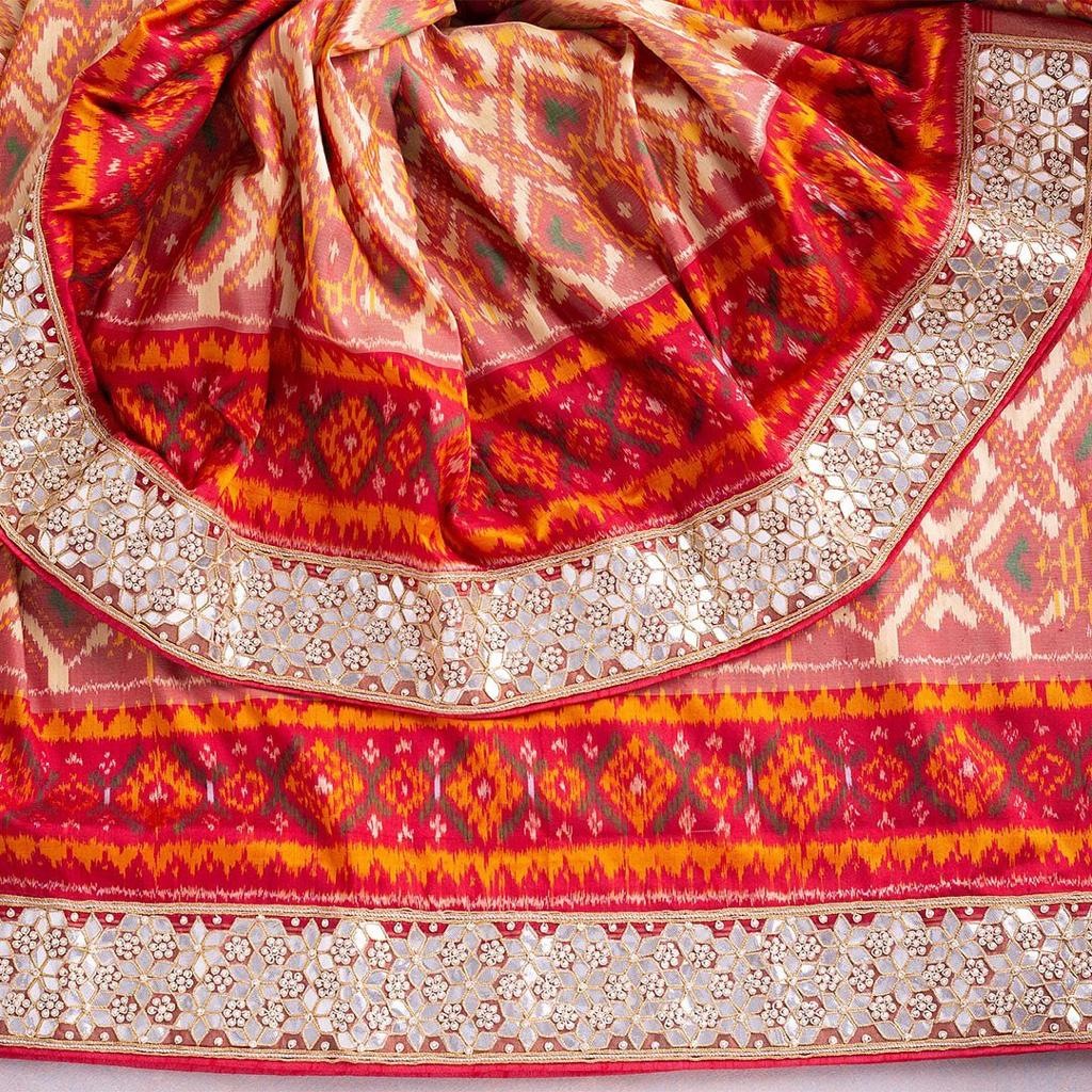 Red chanderi print and sequence foli paper work saree