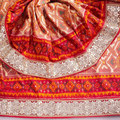 Red chanderi print and sequence foli paper work saree