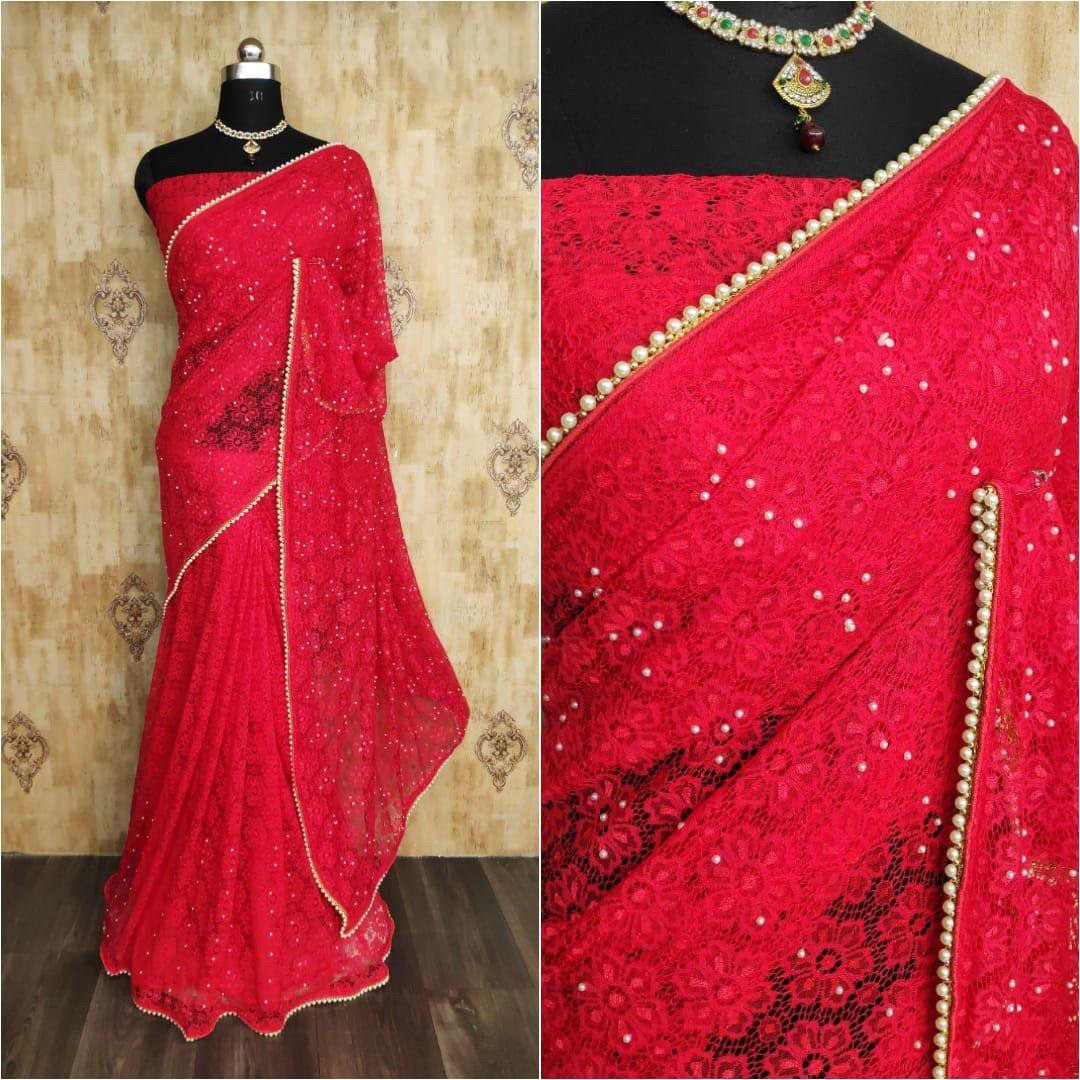 Red chantley net pearl work partywear saree