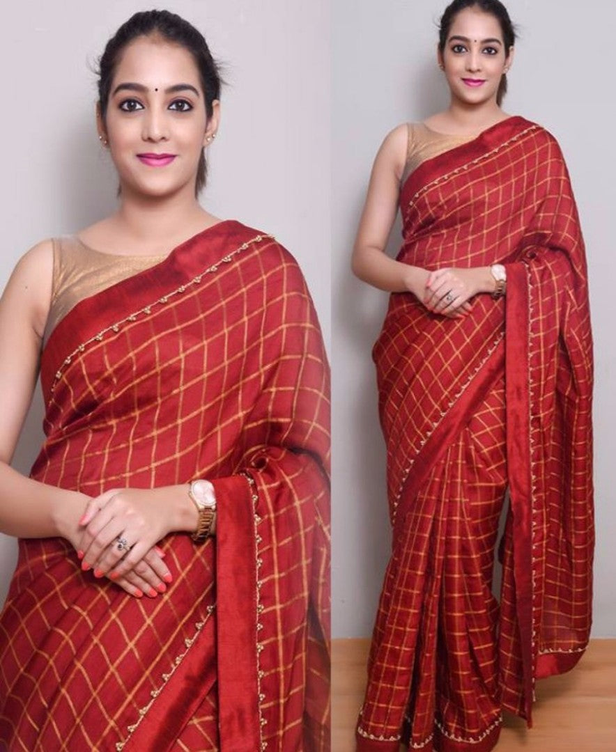 red checks silk saree