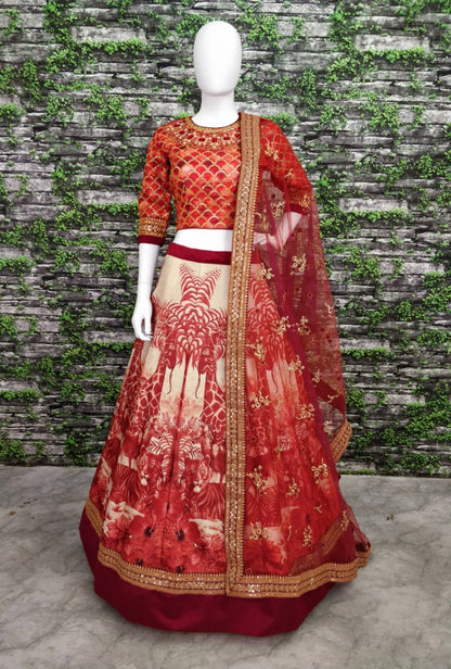 Red chennai silk beautiful printed stone and embroidered designer ceremonial lehenga