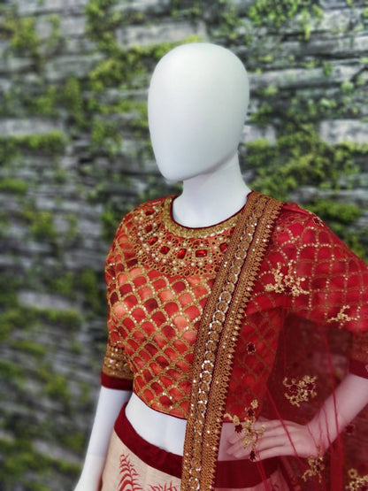 Red chennai silk beautiful printed stone and embroidered designer ceremonial lehenga