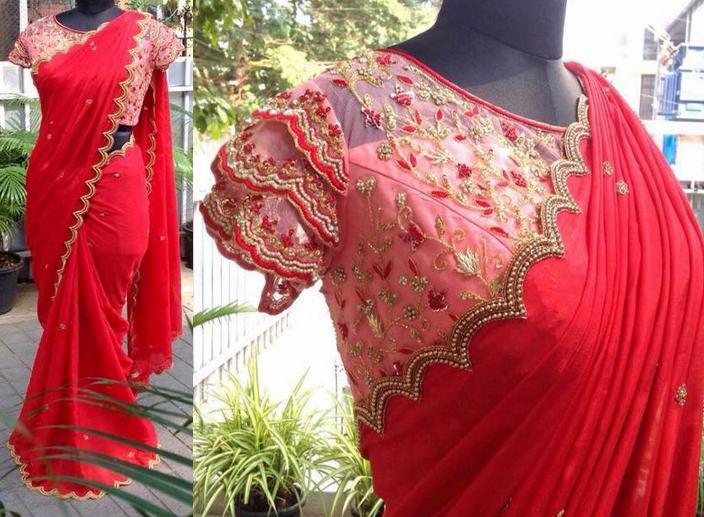 Red chiffon georgette embroidered partywear saree