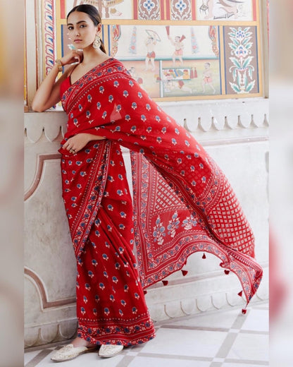 Red chinon silk digital printed designer saree