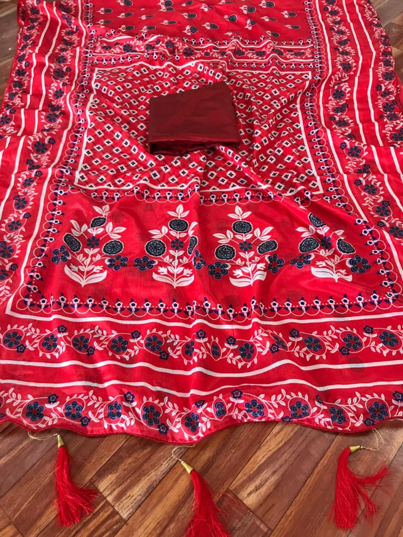 Red chinon silk digital printed designer saree