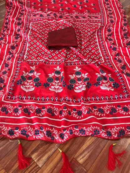 Red chinon silk digital printed designer saree