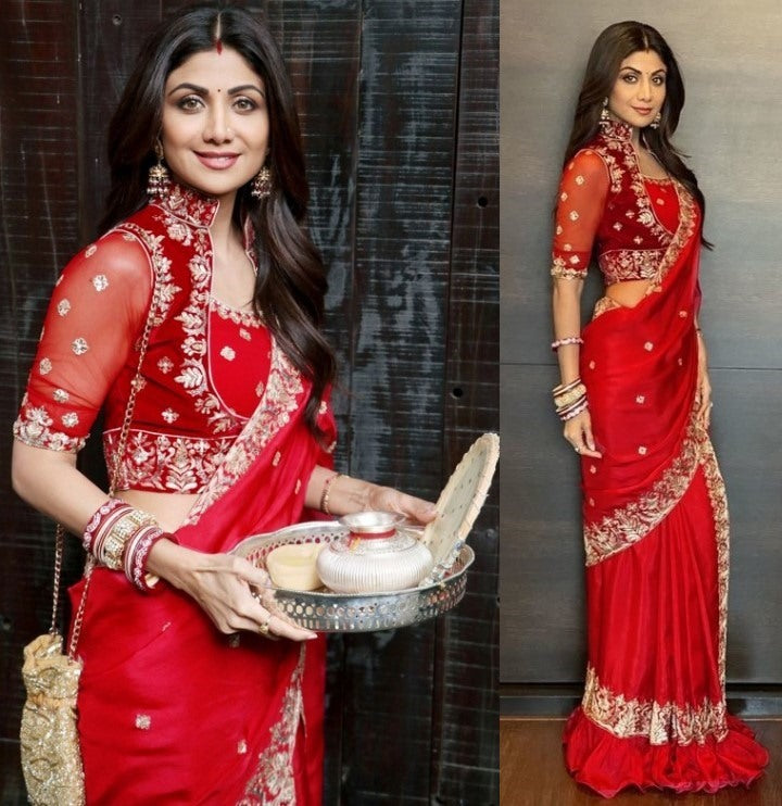 Red chinon silk embroidered festival wear saree