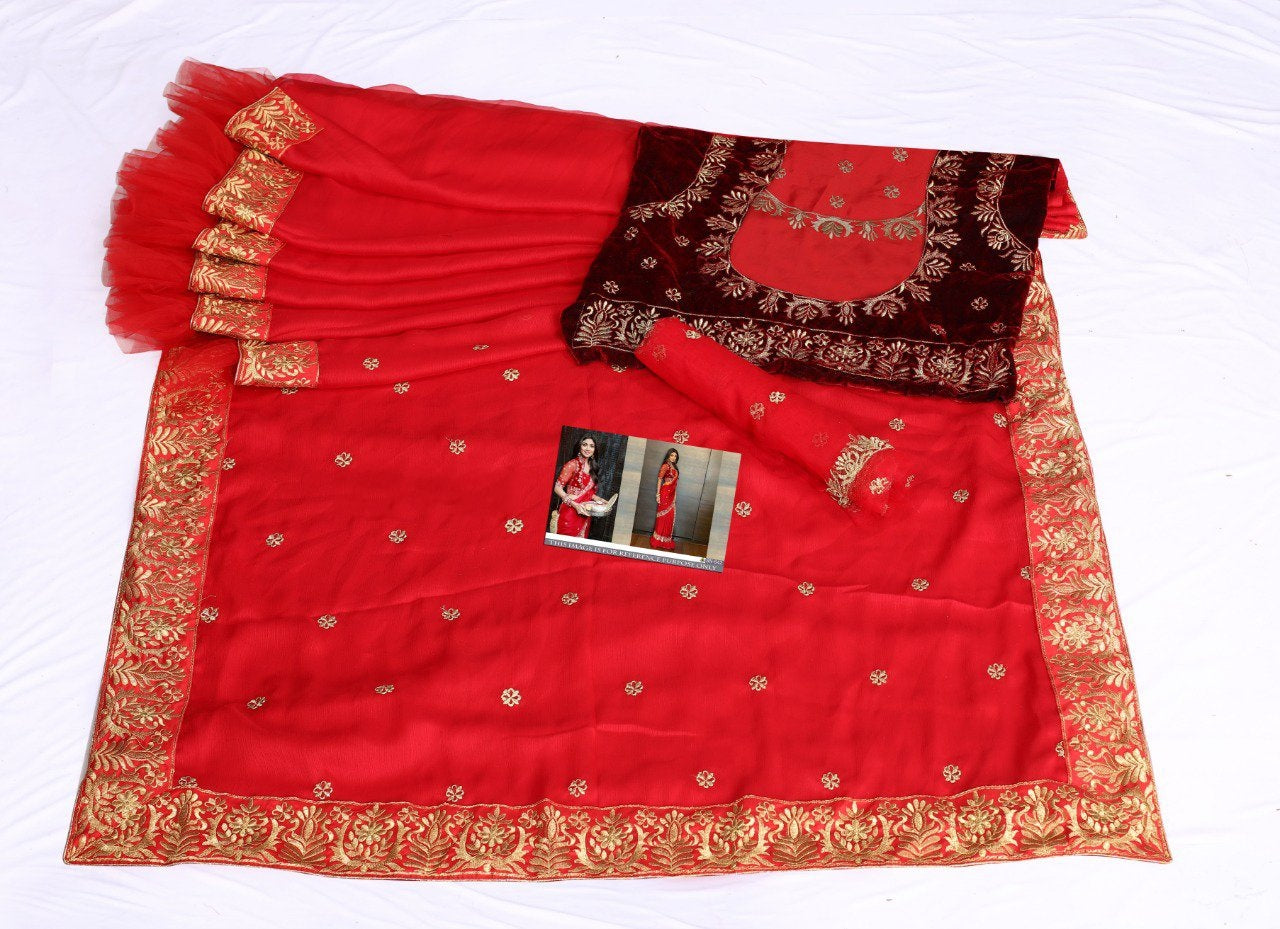 Red chinon silk embroidered festival wear saree