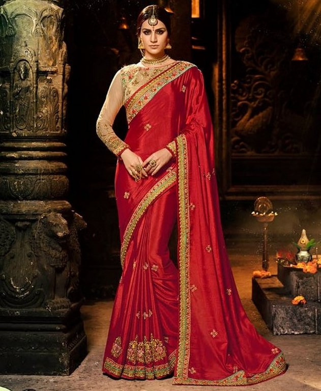 Red chinon silk embroidered wedding saree