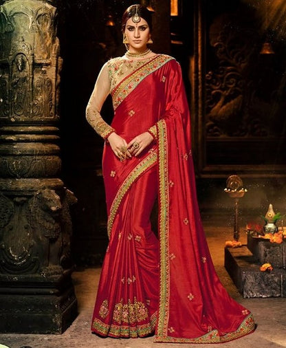 Red chinon silk embroidered wedding saree