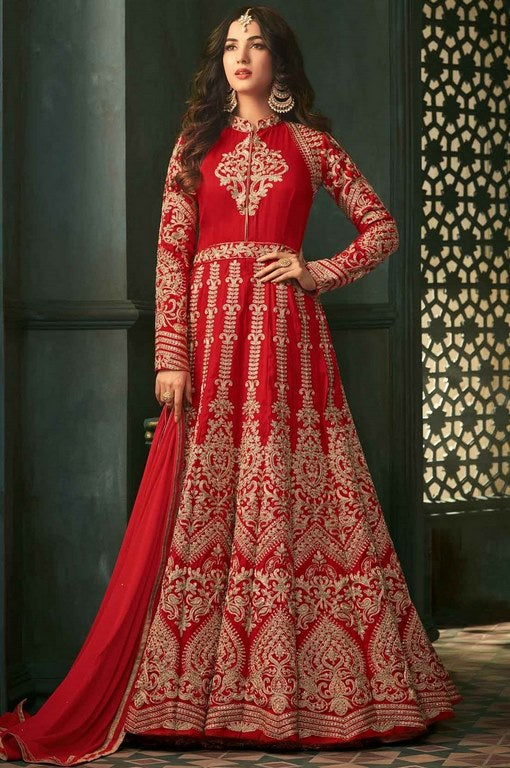 Red Colored Silk Heavy Embroidered Semi Stitched anarkali Suit