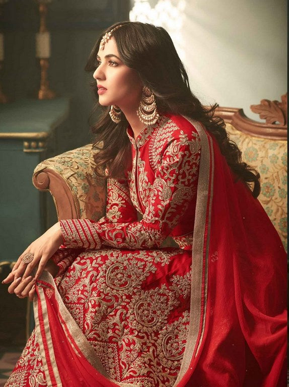 Red Colored Silk Heavy Embroidered Semi Stitched anarkali Suit