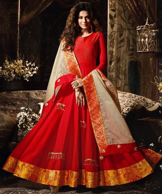 Red Colored Slub Satin Zari Work Semi Stitched anarkali Suit