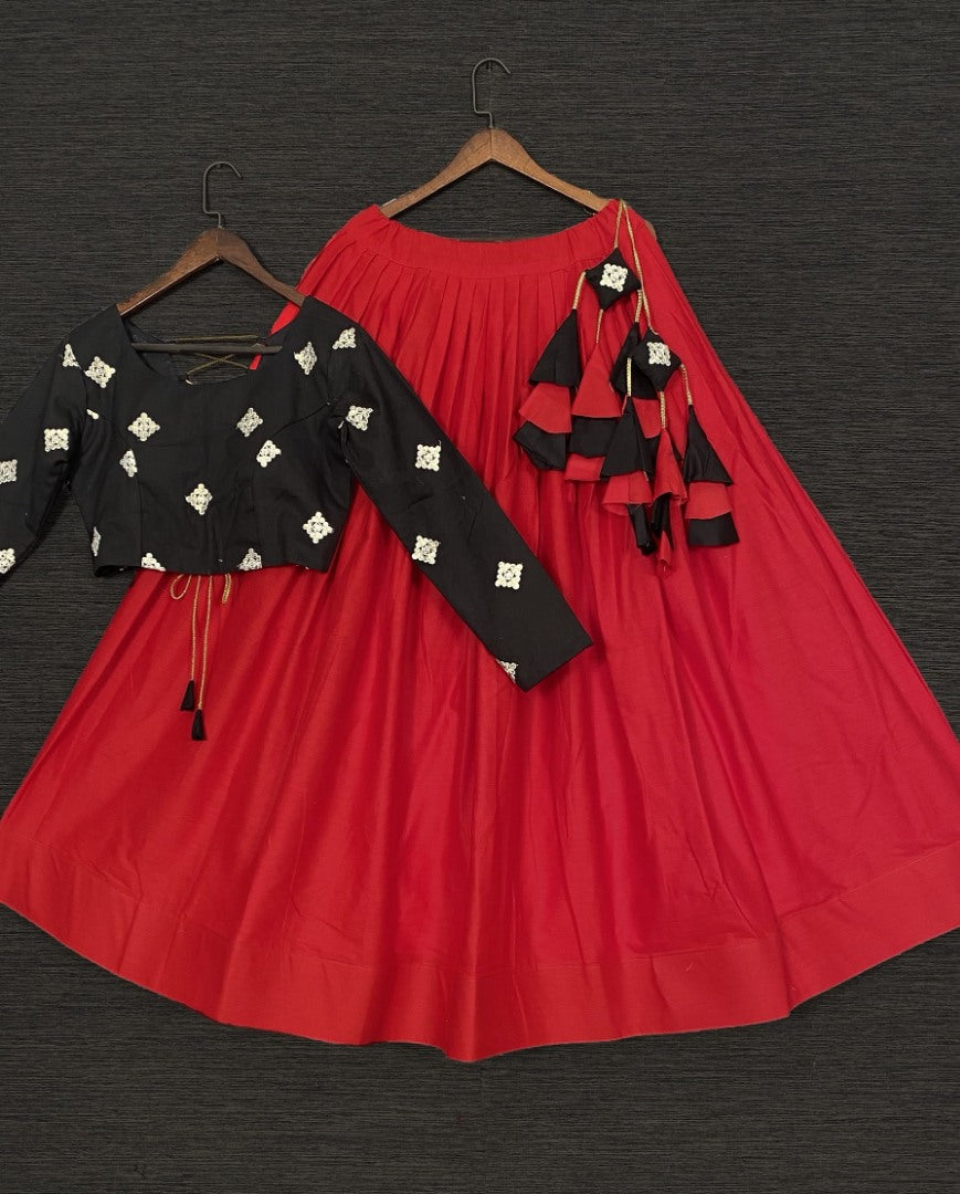 Red cotton embroidered crop top lehenga