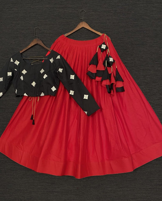 Red cotton embroidered crop top lehenga