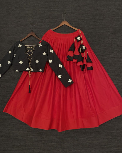 Red cotton embroidered crop top lehenga