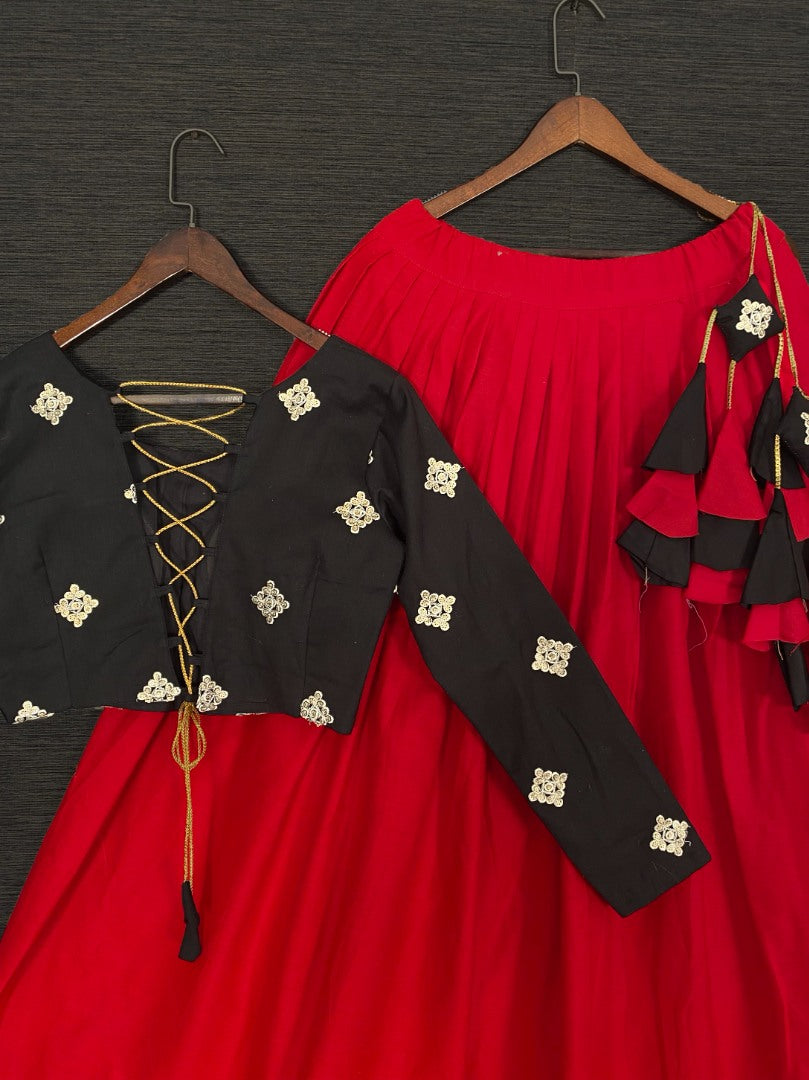 Red cotton embroidered crop top lehenga