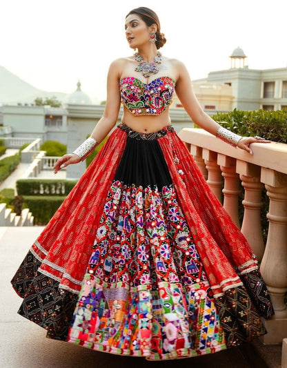 Red cotton mirror work gujarati garba ghagra navratri lehenga chaniya choli