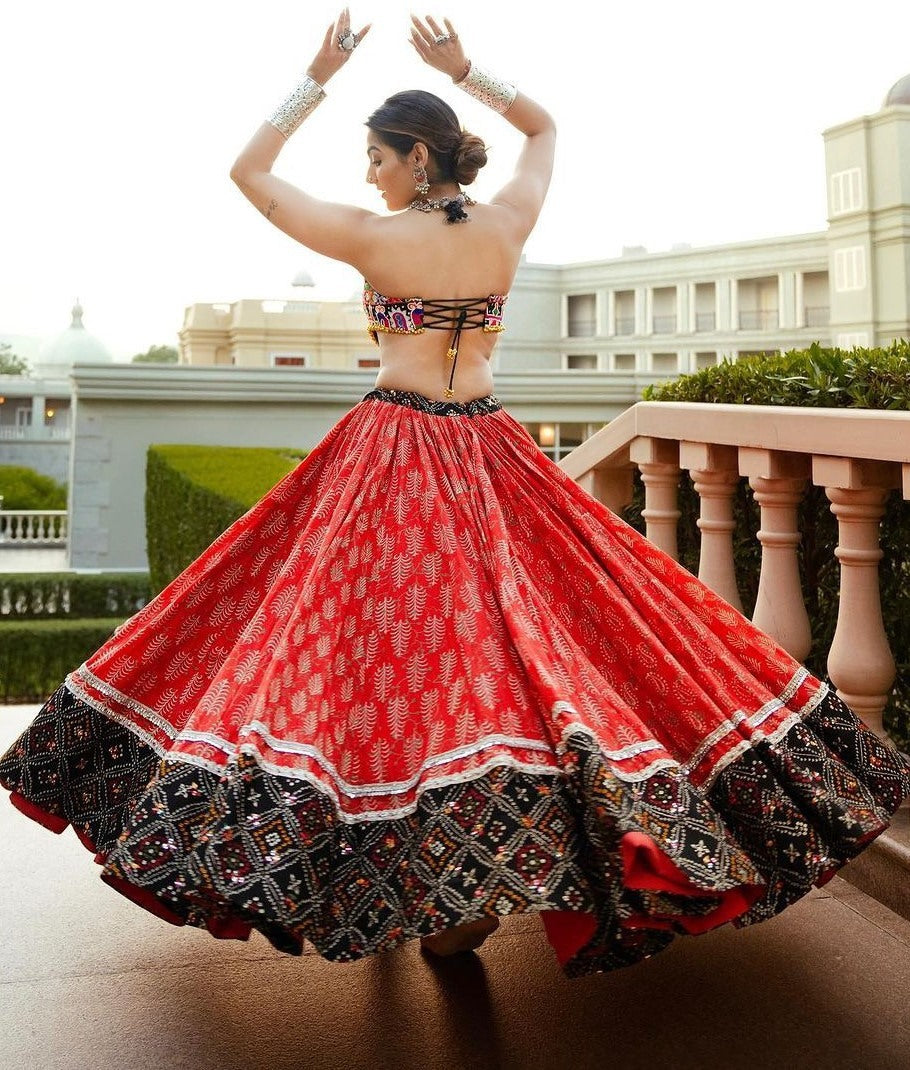 Red cotton mirror work gujarati garba ghagra navratri lehenga chaniya choli