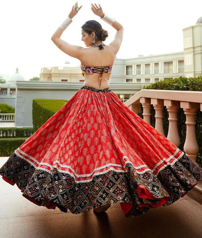 Red cotton mirror work gujarati garba ghagra navratri lehenga chaniya choli