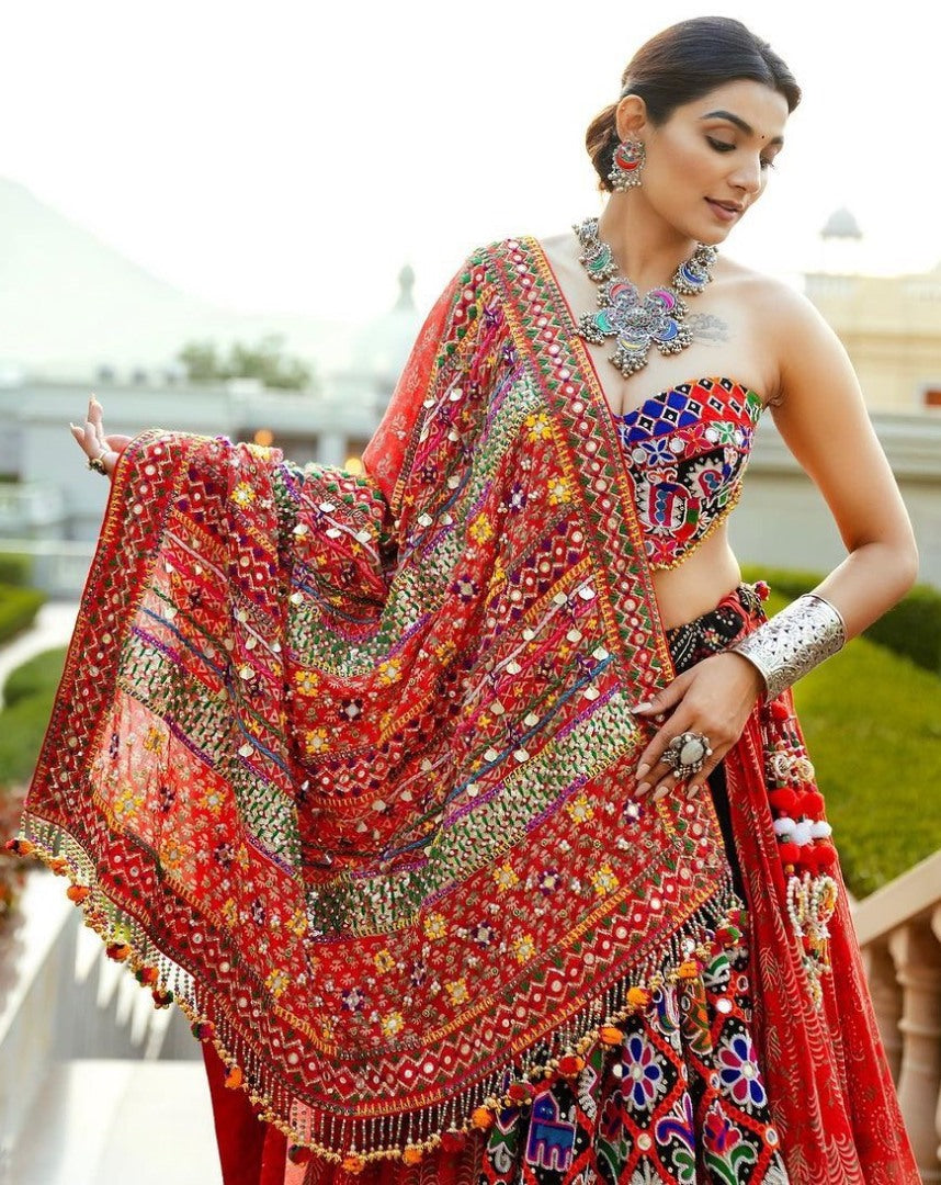 Red cotton mirror work gujarati garba ghagra navratri lehenga chaniya choli