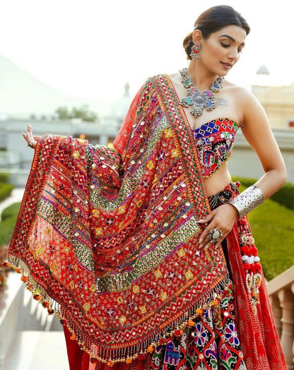 Red cotton mirror work gujarati garba ghagra navratri lehenga chaniya choli