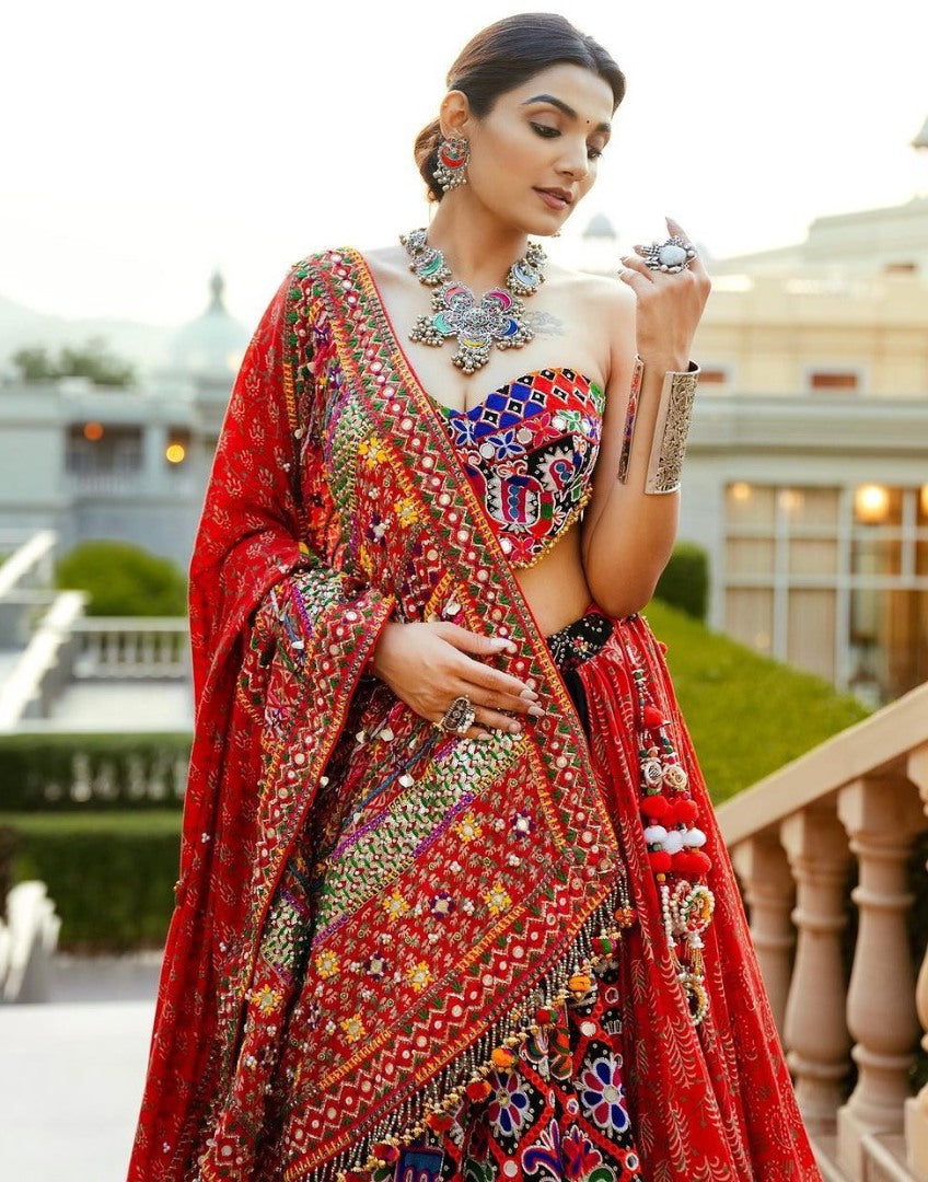 Red cotton mirror work gujarati garba ghagra navratri lehenga chaniya choli