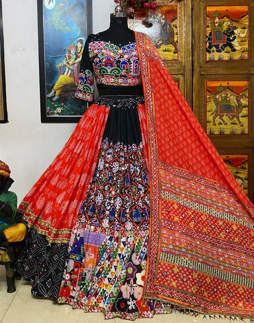 Red cotton mirror work gujarati garba ghagra navratri lehenga chaniya choli