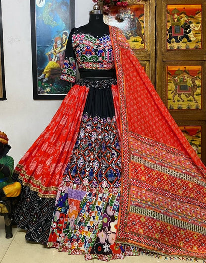 Red cotton mirror work gujarati garba ghagra navratri lehenga chaniya choli
