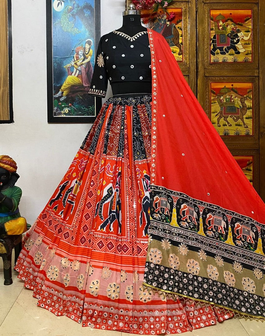 Red cotton print and mirror work gujarati garba navratri lehenga chaniya choli