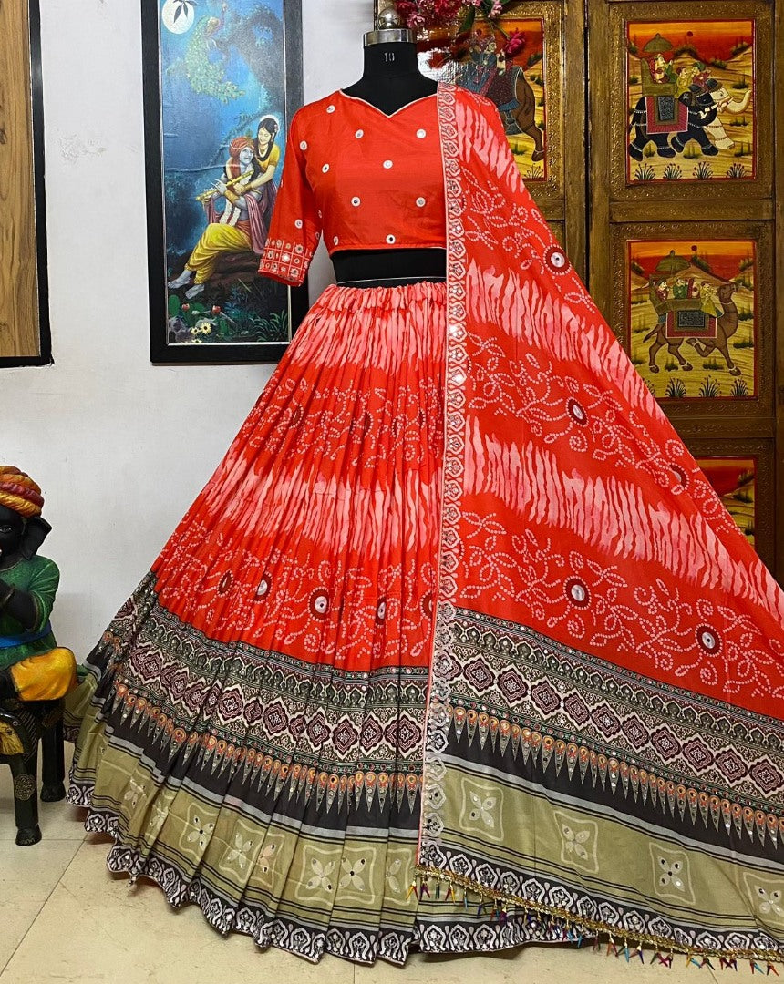 Red cotton print and mirror work gujarati garba navratri lehenga chaniya choli