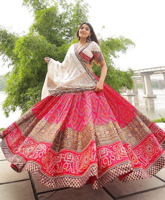 Red cotton print and mirror work gujarati garba navratri lehenga chaniya choli