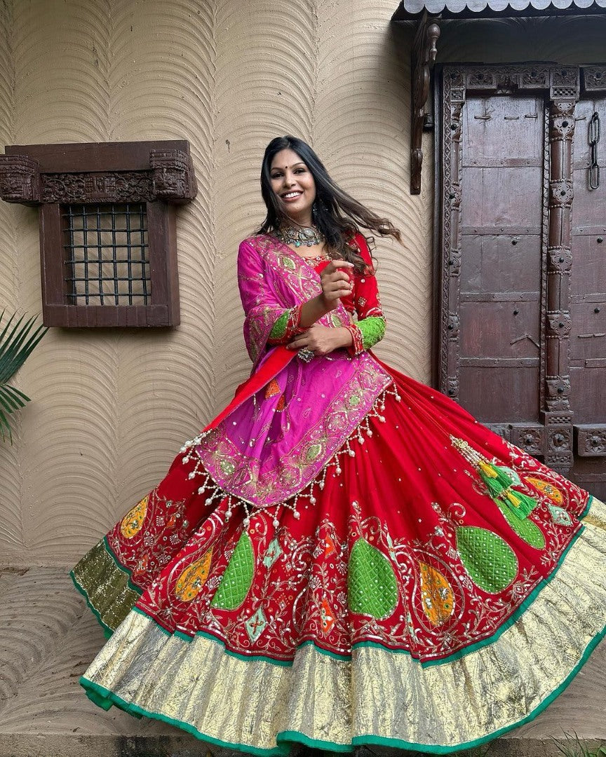 Red cotton print and mirror work gujarati garba navratri lehenga chaniya choli