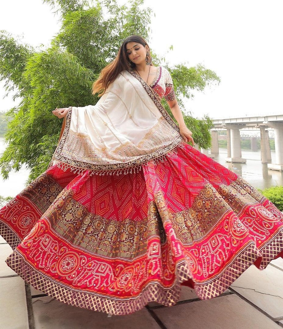 Red cotton print and mirror work gujarati garba navratri lehenga chaniya choli