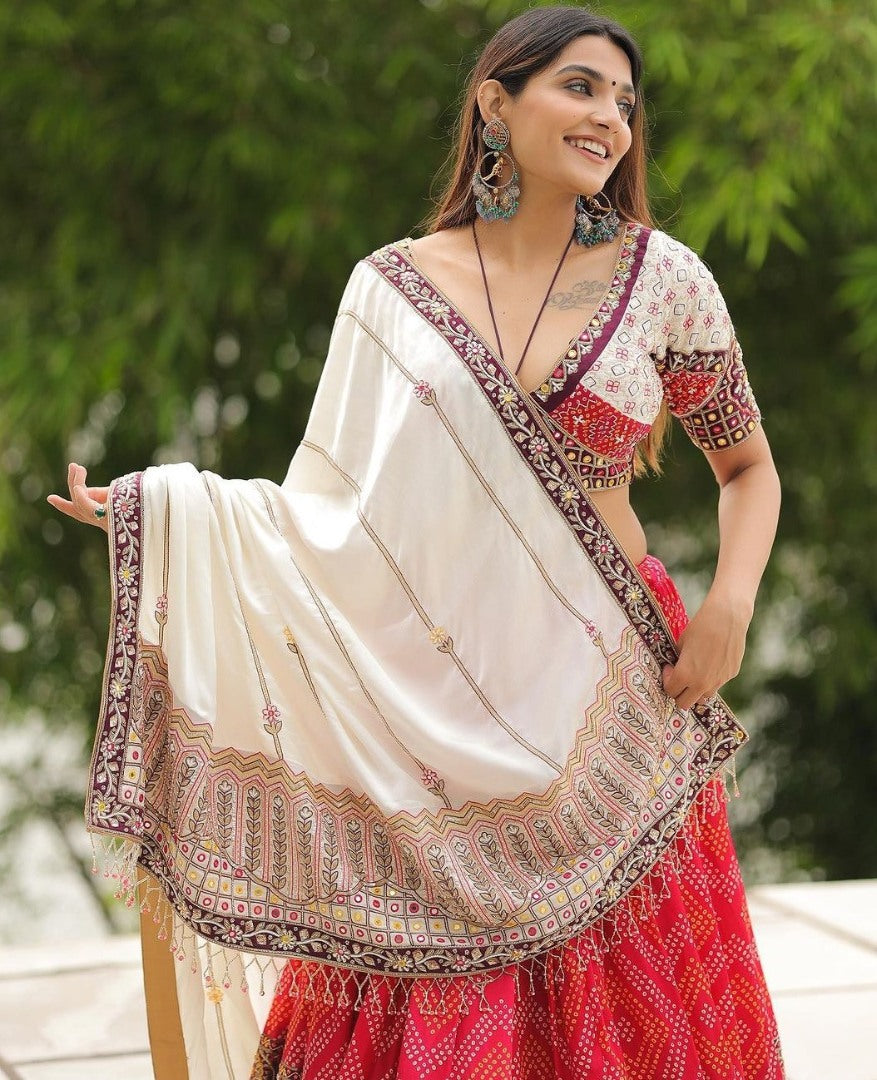 Red cotton print and mirror work gujarati garba navratri lehenga chaniya choli