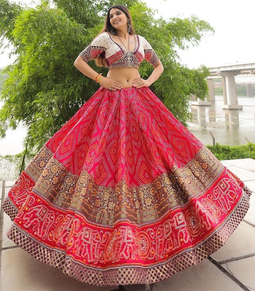 Red cotton print and mirror work gujarati garba navratri lehenga chaniya choli