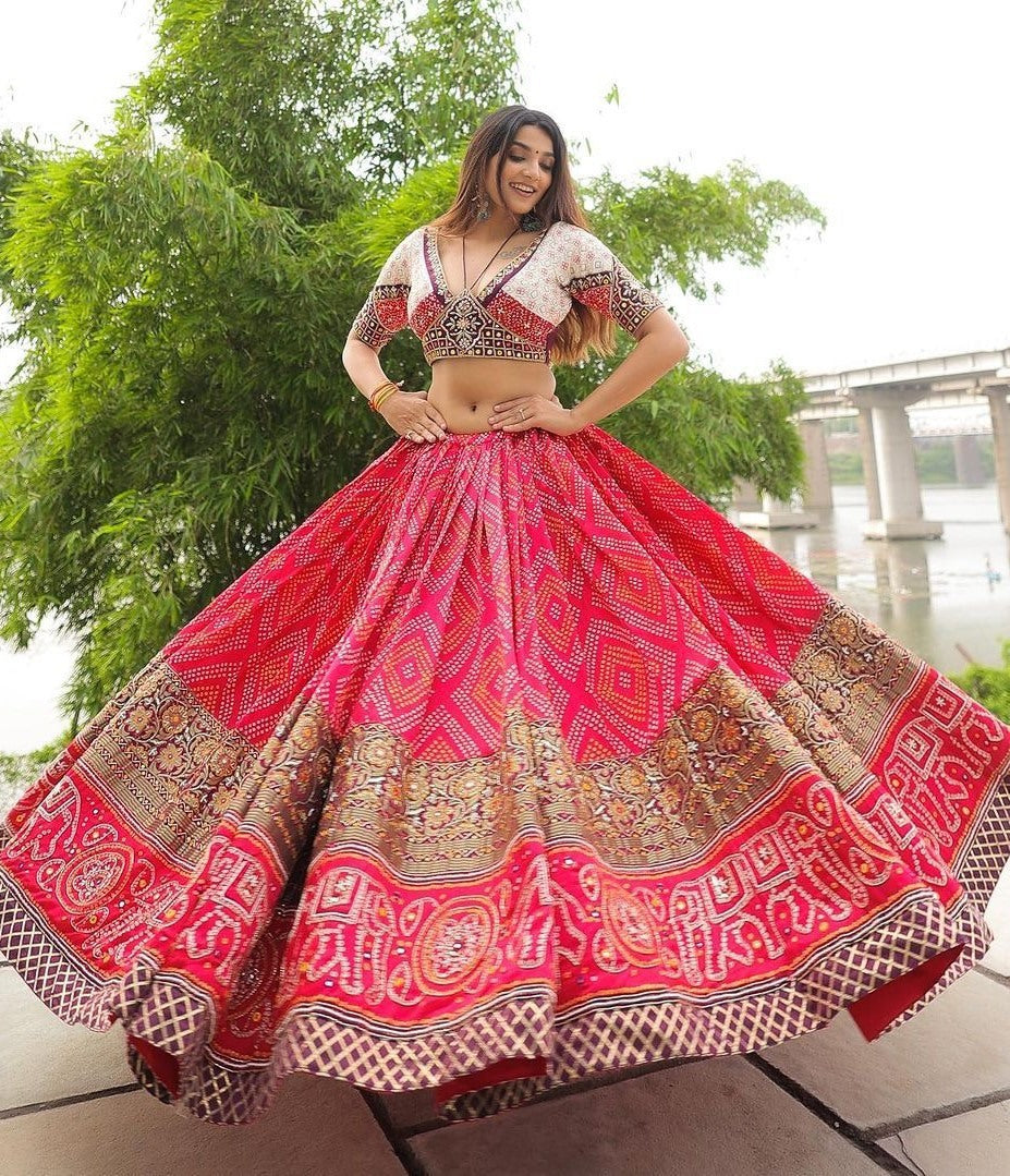 Red cotton print and mirror work gujarati garba navratri lehenga chaniya choli
